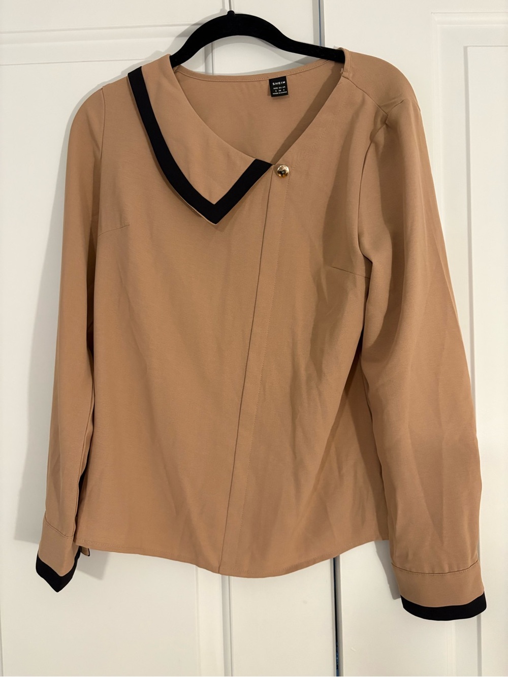 Women's Tan Long-Sleeve Blouse with Contrast Trim